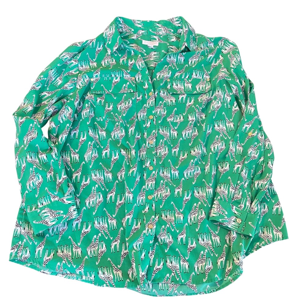 Charter Club Women Green Giraffe Print Roll Tab Button Down Shirt Size 2X